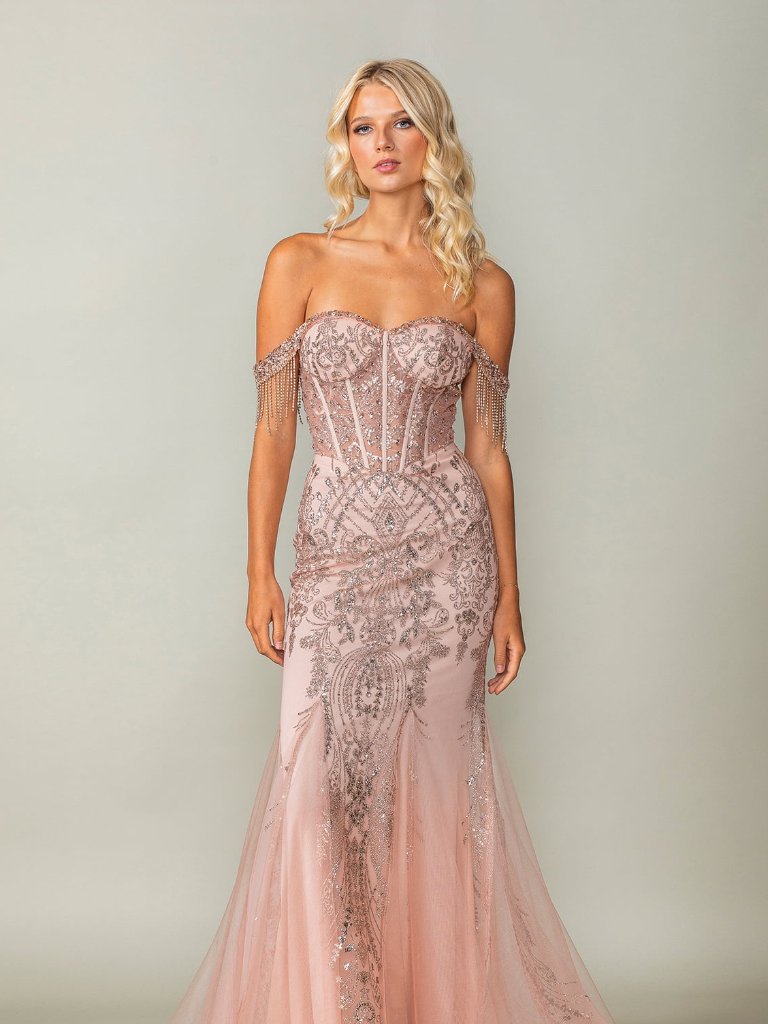 New Rose Gold Intricately Beads Embellished Sheath Fashion Forward Gown Dq 4365